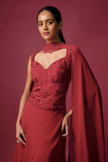 Buy_Mehak Murpana_Burgundy Georgette Embroidery, Beads Sweetheart Corset And Skirt Set With Dupatta _Online_at_Aza_Fashions