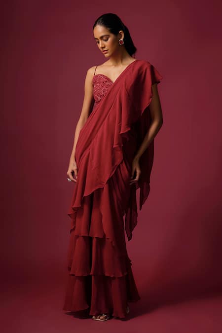 Mehak Murpana Red Georgette Embroidery Sweetheart Neck Pre-draped Ruffle Saree With Blouse Online at Aza Fashions Mehak Murpana_Red Georgette Embroidery Sweetheart Neck Pre-draped Ruffle Saree With Blouse _Online_at_Aza_Fashions