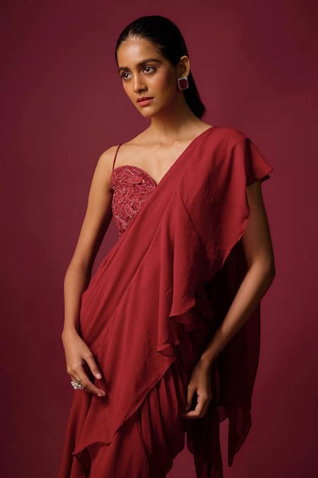 Buy Mehak Murpana Red Georgette Embroidery Sweetheart Neck Pre-draped Ruffle Saree With Blouse Online at Aza Fashions Buy_Mehak Murpana_Red Georgette Embroidery Sweetheart Neck Pre-draped Ruffle Saree With Blouse _Online_at_Aza_Fashions