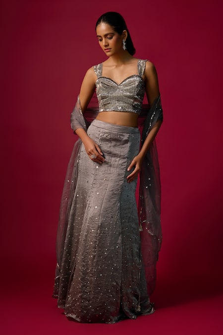 Mehak Murpana_Silver , Silk Sequins, Mirrors Sweetheart Embroidered Skirt Set _Online_at_Aza_Fashions