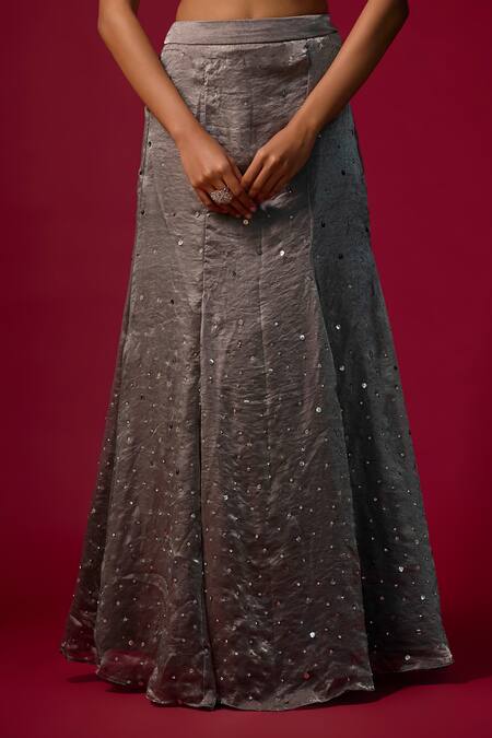 Shop_Mehak Murpana_Silver , Silk Sequins, Mirrors Sweetheart Embroidered Skirt Set _Online_at_Aza_Fashions