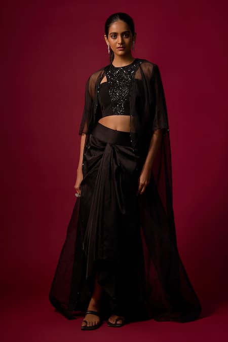 Mehak Murpana Sheer Cape Draped Skirt Set 