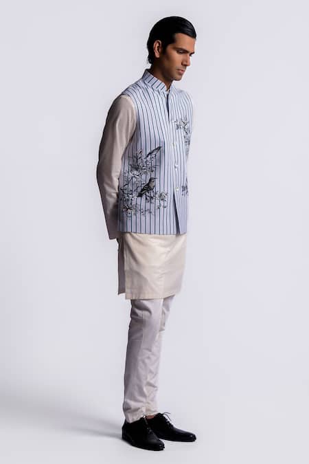 Balance by Rohit Bal_Linen Embroidery Stripe Pattern Bundi _Online_at_Aza_Fashions