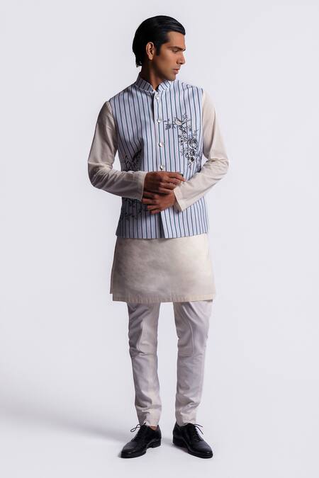 Shop_Balance by Rohit Bal_Linen Embroidery Stripe Pattern Bundi _Online_at_Aza_Fashions