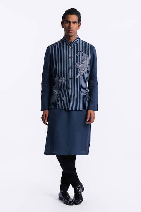 Balance by Rohit Bal_Blue Linen Embroidery Safari Pattern Bundi _Online_at_Aza_Fashions