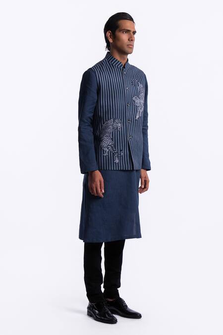 Buy_Balance by Rohit Bal_Blue Linen Embroidery Safari Pattern Bundi _Online_at_Aza_Fashions