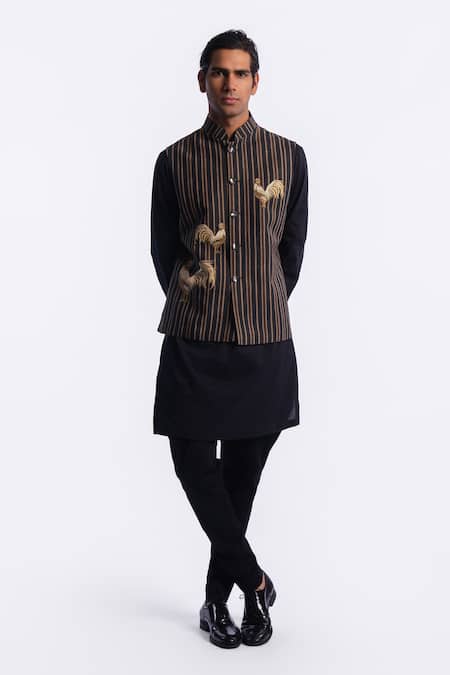 Balance by Rohit Bal_Brown Linen Embroidery, Zari Stripe Pattern Bundi _Online_at_Aza_Fashions