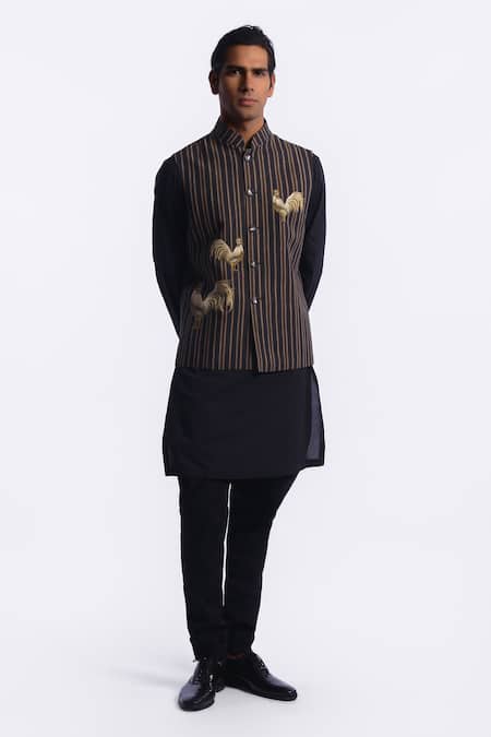 Buy_Balance by Rohit Bal_Brown Linen Embroidery, Zari Stripe Pattern Bundi _Online_at_Aza_Fashions
