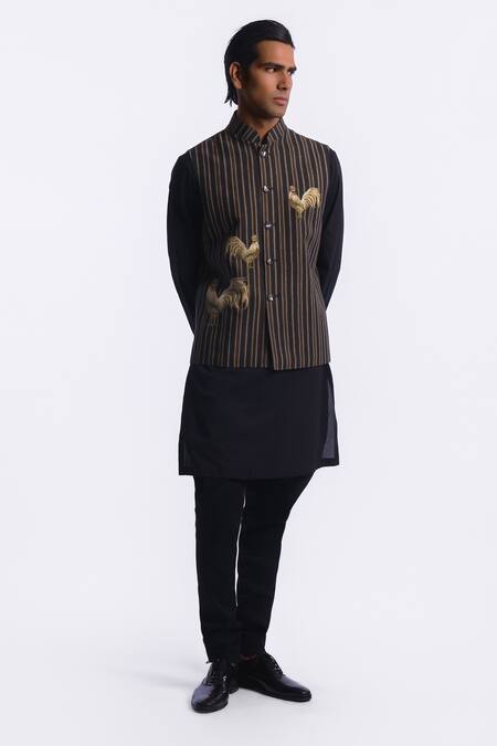 Shop_Balance by Rohit Bal_Brown Linen Embroidery, Zari Stripe Pattern Bundi _Online_at_Aza_Fashions