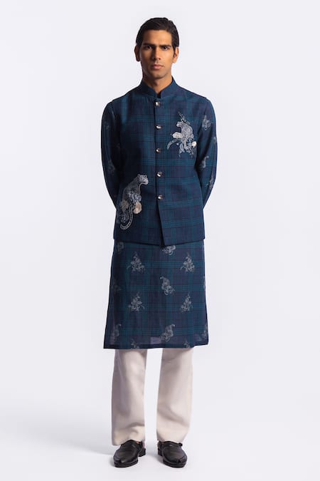 Balance by Rohit Bal_Blue Linen Embroidery Safari Pattern Bundi _Online_at_Aza_Fashions