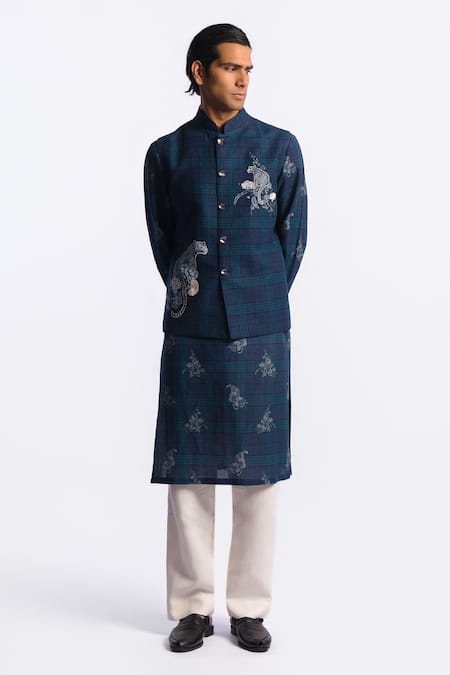 Buy_Balance by Rohit Bal_Blue Linen Embroidery Safari Pattern Bundi _Online_at_Aza_Fashions
