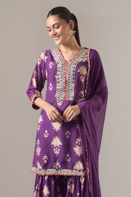 Buy Samyukta Singhania Purple Chanderi Silk, Chiffon Lace, Zari, Floral Print Kurta Sharara Set Online at Aza Fashions Buy_Samyukta Singhania_Purple Chanderi Silk, Chiffon Lace, Zari, Floral Print Kurta Sharara Set _Online_at_Aza_Fashions