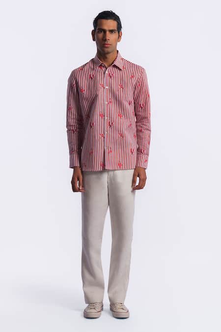 Balance by Rohit Bal_Pink Linen Stripe Pattern Shirt _Online_at_Aza_Fashions