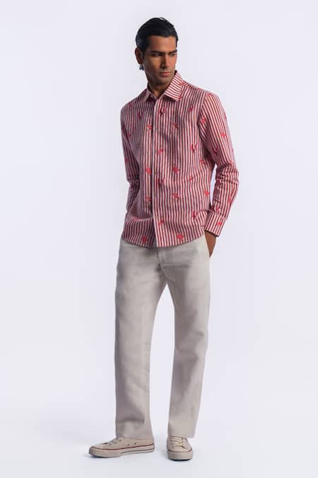Buy_Balance by Rohit Bal_Pink Linen Stripe Pattern Shirt _Online_at_Aza_Fashions
