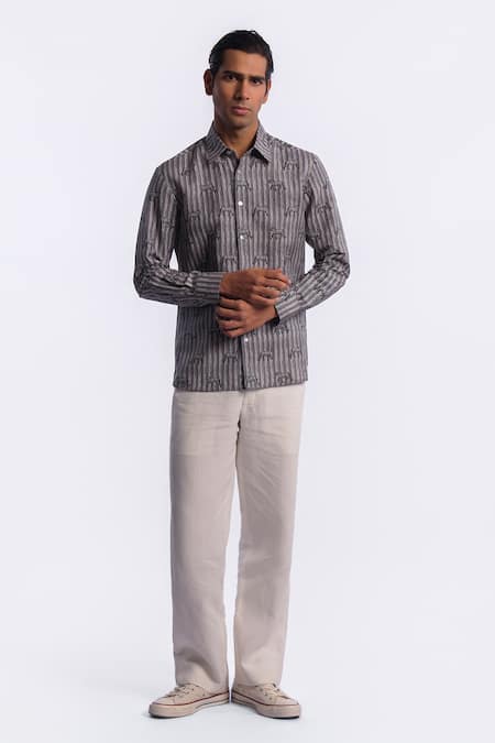 Balance by Rohit Bal Grey Linen Safari Print Shirt Online at Aza Fashions Balance by Rohit Bal_Grey Linen Safari Print Shirt _Online_at_Aza_Fashions