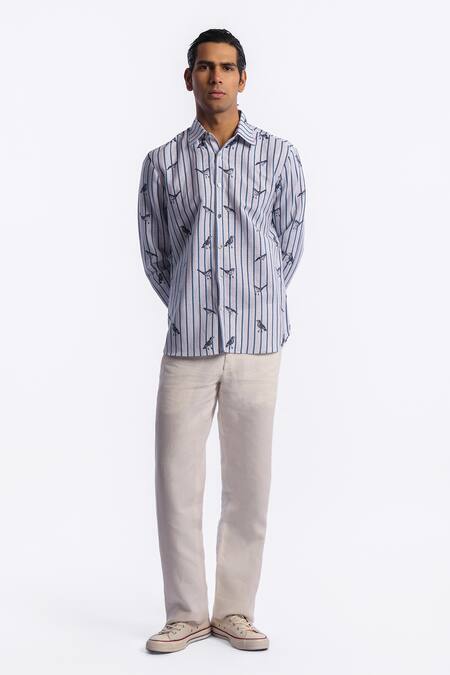 Balance by Rohit Bal_Blue Linen Stripe Pattern Shirt _Online_at_Aza_Fashions