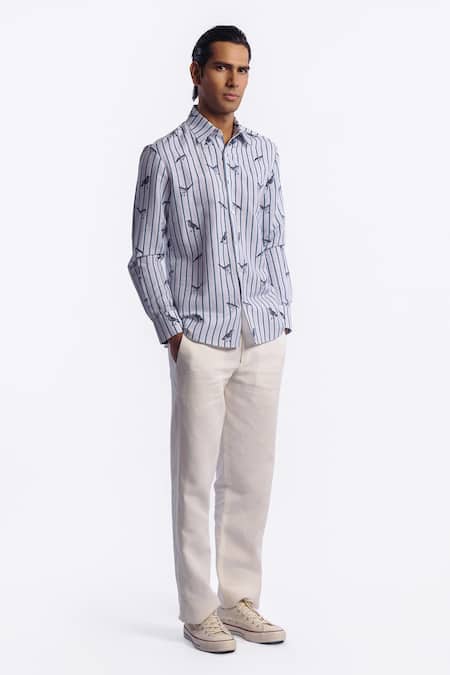 Buy_Balance by Rohit Bal_Blue Linen Stripe Pattern Shirt _Online_at_Aza_Fashions