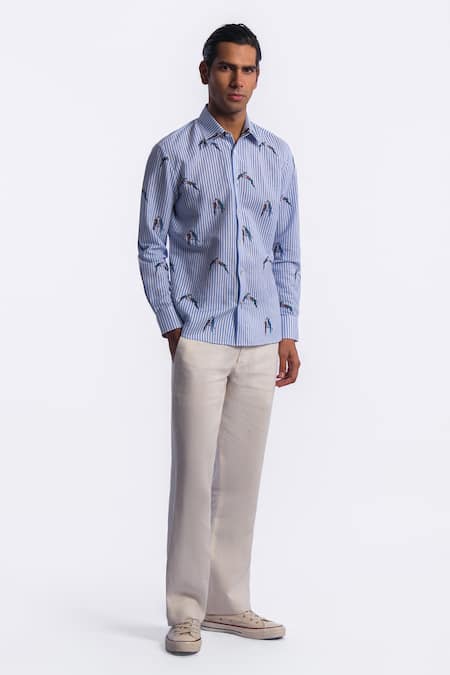 Balance by Rohit Bal Blue Linen Striped Print Shirt Online at Aza Fashions Balance by Rohit Bal_Blue Linen Striped Print Shirt _Online_at_Aza_Fashions