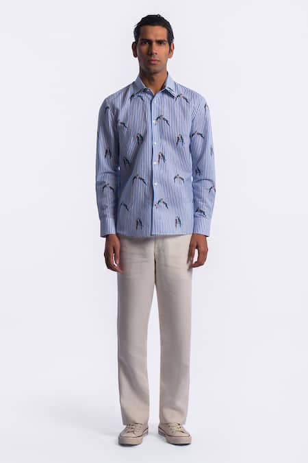 Shop Balance by Rohit Bal Blue Linen Striped Print Shirt Online at Aza Fashions Shop_Balance by Rohit Bal_Blue Linen Striped Print Shirt _Online_at_Aza_Fashions