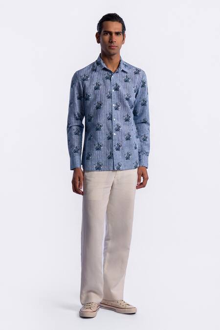 Balance by Rohit Bal_Blue Linen Block Print Shirt _Online_at_Aza_Fashions