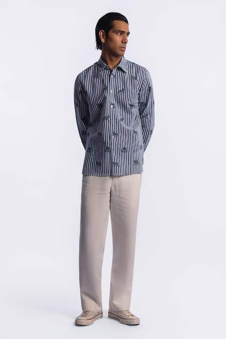 Balance by Rohit Bal_Blue Linen Stripe Pattern Shirt _Online_at_Aza_Fashions