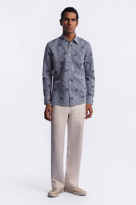 Buy_Balance by Rohit Bal_Blue Linen Stripe Pattern Shirt _Online_at_Aza_Fashions