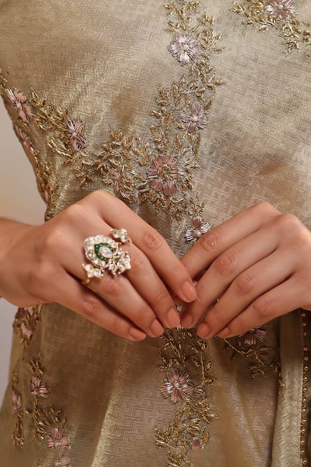 Shop_Kaari_Gold Plated Stones, Crystals Namita Polki Ring _Online_at_Aza_Fashions