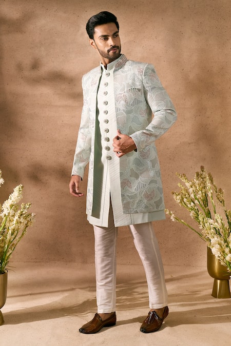 Shop Arihant Rai Sinha Green Silk Embroidery Sherwani Jacket Set Online at Aza Fashions Shop_Arihant Rai Sinha_Green Silk Embroidery Sherwani Jacket Set _Online_at_Aza_Fashions