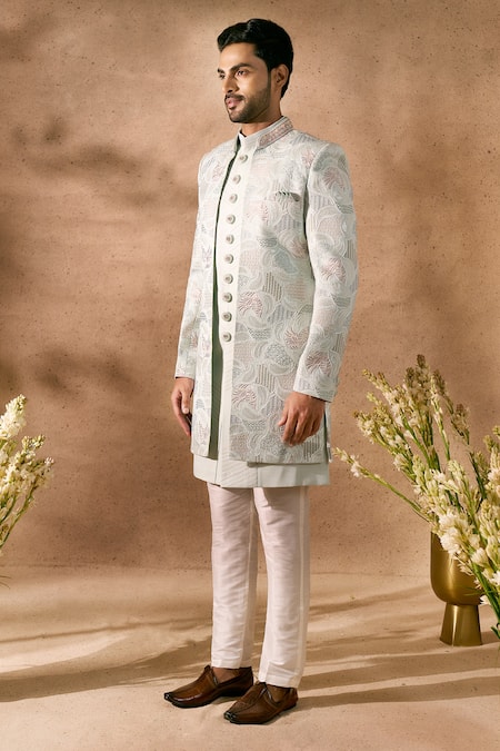 Shop Arihant Rai Sinha Green Silk Embroidery Sherwani Jacket Set Shop_Arihant Rai Sinha_Green Silk Embroidery Sherwani Jacket Set