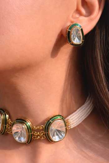 Prestones_White Pearls, Stones Polki Enamel Necklace And Earrings Set _Online_at_Aza_Fashions