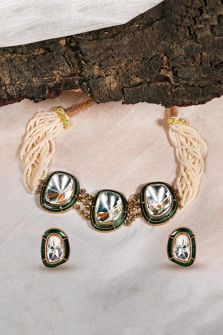Prestones Polki Enamel Necklace & Earrings Set 