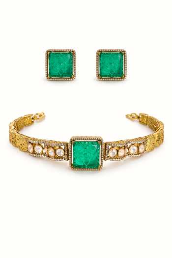 Prestones_Green Stones, Crystals Polki Necklace And Earrings Set _Online_at_Aza_Fashions