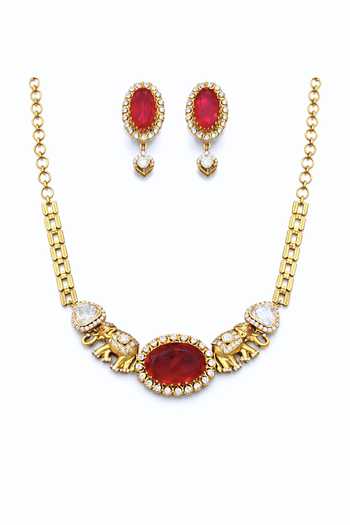 Prestones Red Stones Polki Embellished Necklace And Earrings Set Online at Aza Fashions Prestones_Red Stones Polki Embellished Necklace And Earrings Set _Online_at_Aza_Fashions