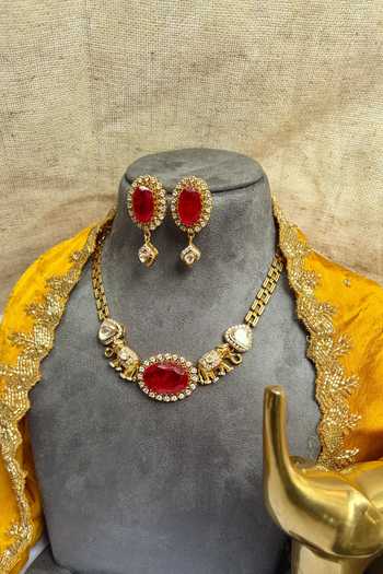 Buy Prestones Red Stones Polki Embellished Necklace And Earrings Set Online at Aza Fashions Buy_Prestones_Red Stones Polki Embellished Necklace And Earrings Set _Online_at_Aza_Fashions