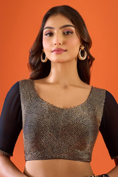 Shop Nakul Sen Navy Sequins, Zari, Metallic Thread Scoop Neck Work Saree With Blouse Online at Aza Fashions Shop_Nakul Sen_Navy Sequins, Zari, Metallic Thread Scoop Neck Work Saree With Blouse _Online_at_Aza_Fashions