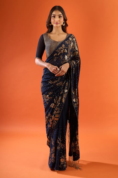 Nakul Sen Navy Sequins, Zari, Metallic Thread Scoop Neck Work Saree With Blouse at Aza Fashions Nakul Sen_Navy Sequins, Zari, Metallic Thread Scoop Neck Work Saree With Blouse _at_Aza_Fashions