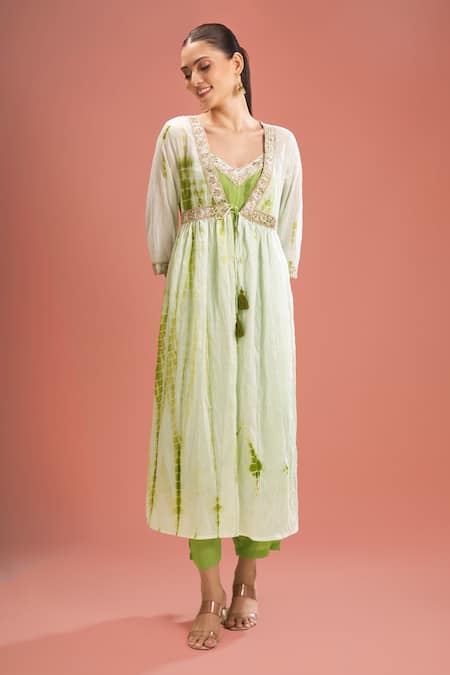 Shop_Samyukta Singhania_Green Chanderi Silk, Shantoon Embroidery, Gota Patti, Shibori Shrug And Pant Set _Online_at_Aza_Fashions