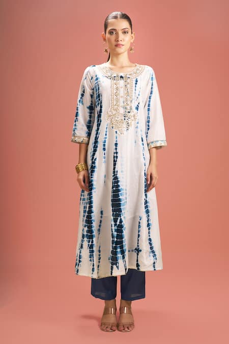 Samyukta Singhania_White Silk, Shantoon, Gota Patti, Shibori Pattern Kurta Set _Online_at_Aza_Fashions