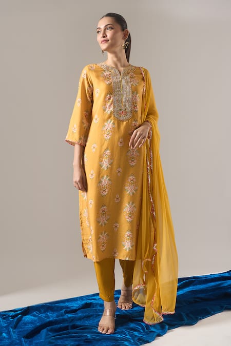 Shop_Samyukta Singhania_Mustard Chanderi Silk, Shantoon, Chiffon Floral Print Dori Work Kurta Set _Online_at_Aza_Fashions