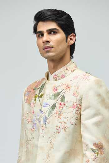 Varun Bahl Beige Modal, Dupion Embroidery Floral Sherwani Set Online at Aza Fashions Varun Bahl_Beige Modal, Dupion Embroidery Floral Sherwani Set _Online_at_Aza_Fashions