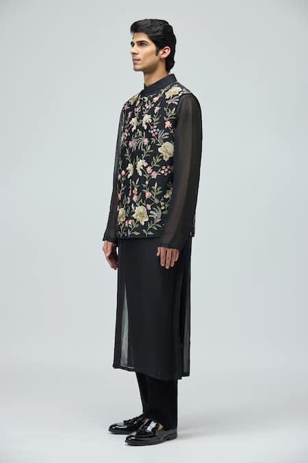 Varun Bahl_Black Chanderi Silk Embroidery, Zari Nehru Jacket _Online_at_Aza_Fashions