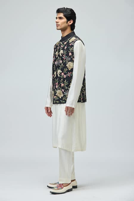 Buy_Varun Bahl_Black Chanderi Silk Embroidery, Zari Nehru Jacket _Online_at_Aza_Fashions