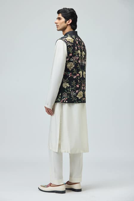 Shop_Varun Bahl_Black Chanderi Silk Embroidery, Zari Nehru Jacket _Online_at_Aza_Fashions