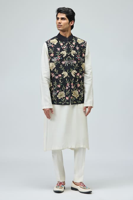 Varun Bahl_Black Chanderi Silk Embroidery, Zari Nehru Jacket _at_Aza_Fashions