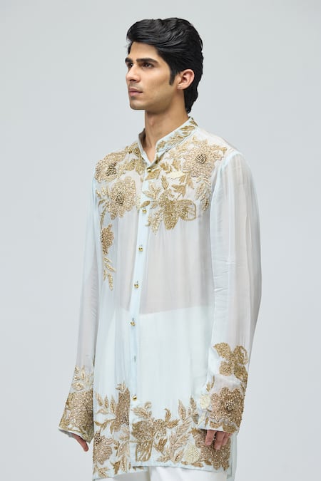 Varun Bahl_Blue Silk Organza Embroidery, Zari Floral Kurta _Online_at_Aza_Fashions