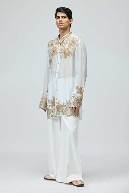 Buy_Varun Bahl_Blue Silk Organza Embroidery, Zari Floral Kurta _Online_at_Aza_Fashions