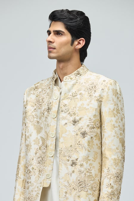 Shop Varun Bahl Gold Brocade Embroidery, Zari Woven Sherwani Set Online at Aza Fashions Shop_Varun Bahl_Gold Brocade Embroidery, Zari Woven Sherwani Set _Online_at_Aza_Fashions