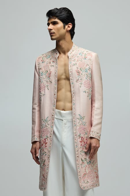 Shop_Varun Bahl_Pink Modal, Dupion Embroidery Sherwani _Online_at_Aza_Fashions