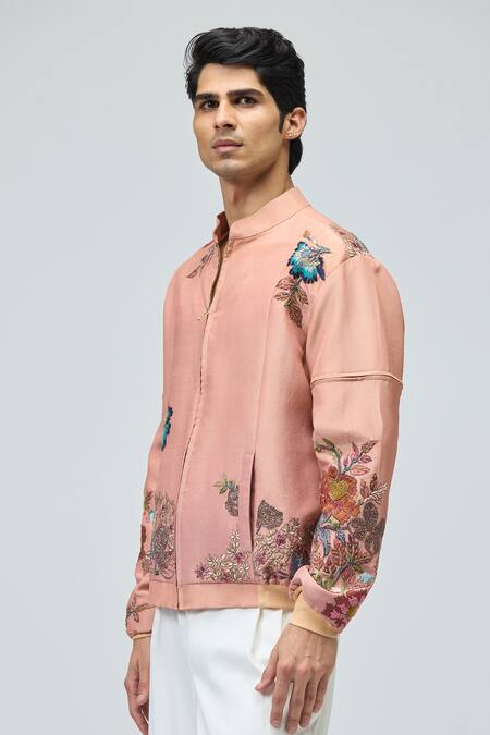Varun Bahl_Pink Viscose, Tissue Embroidery Bomber Jacket _Online_at_Aza_Fashions