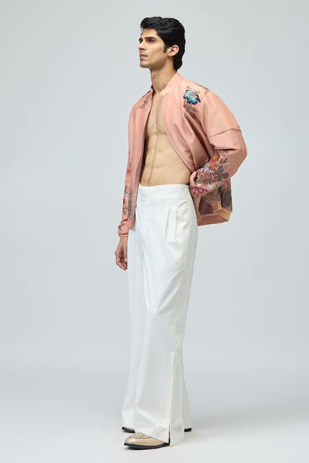Buy_Varun Bahl_Pink Viscose, Tissue Embroidery Bomber Jacket _Online_at_Aza_Fashions